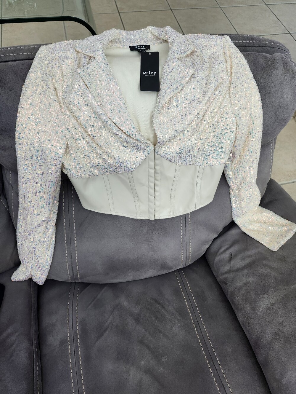 Champagne Sequin Cropped Top with Faux Leather Corset Hem